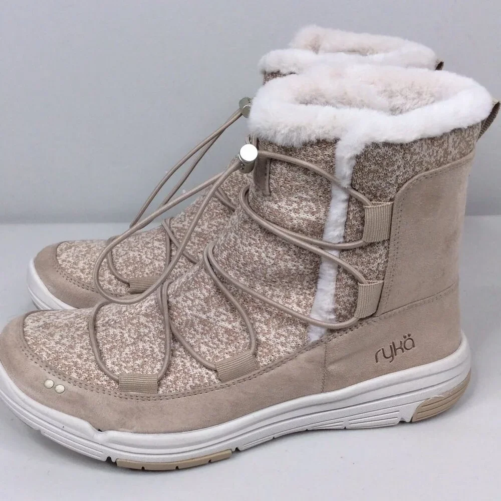 Ryka Aubonne‎ Winter Boots Booties Size 9 Camel Beige Faux Fur Shearling Slip On